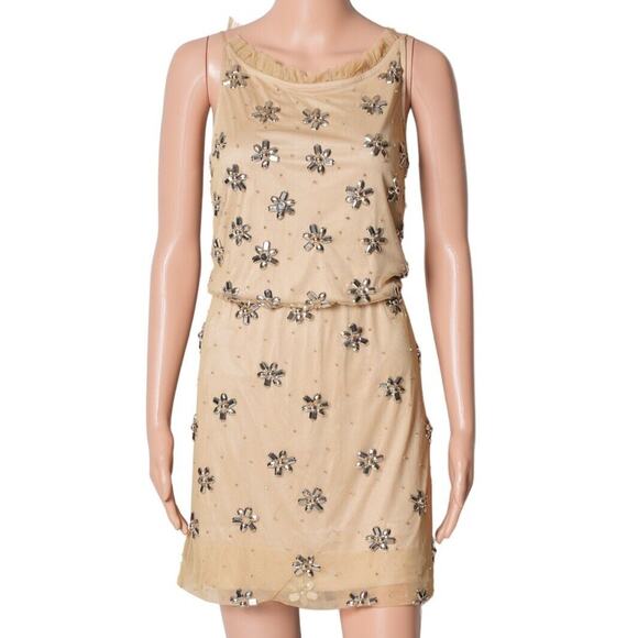 Adrianna Papell Dress Tan Gem Flowers sparkle Cocktail Evening Dress size 8 - Picture 16 of 16